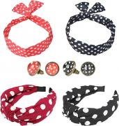 EQLEF Knot Headband Cute Polka Dot, Twisted Hairbands and Ladies Stud Earrings for Girls and Women (Pack of 6), See the image, Black and Red